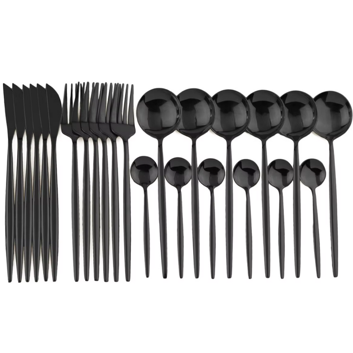 24-Piece Black Stainless Steel Cutlery Set-Long edge-Nora Luxe