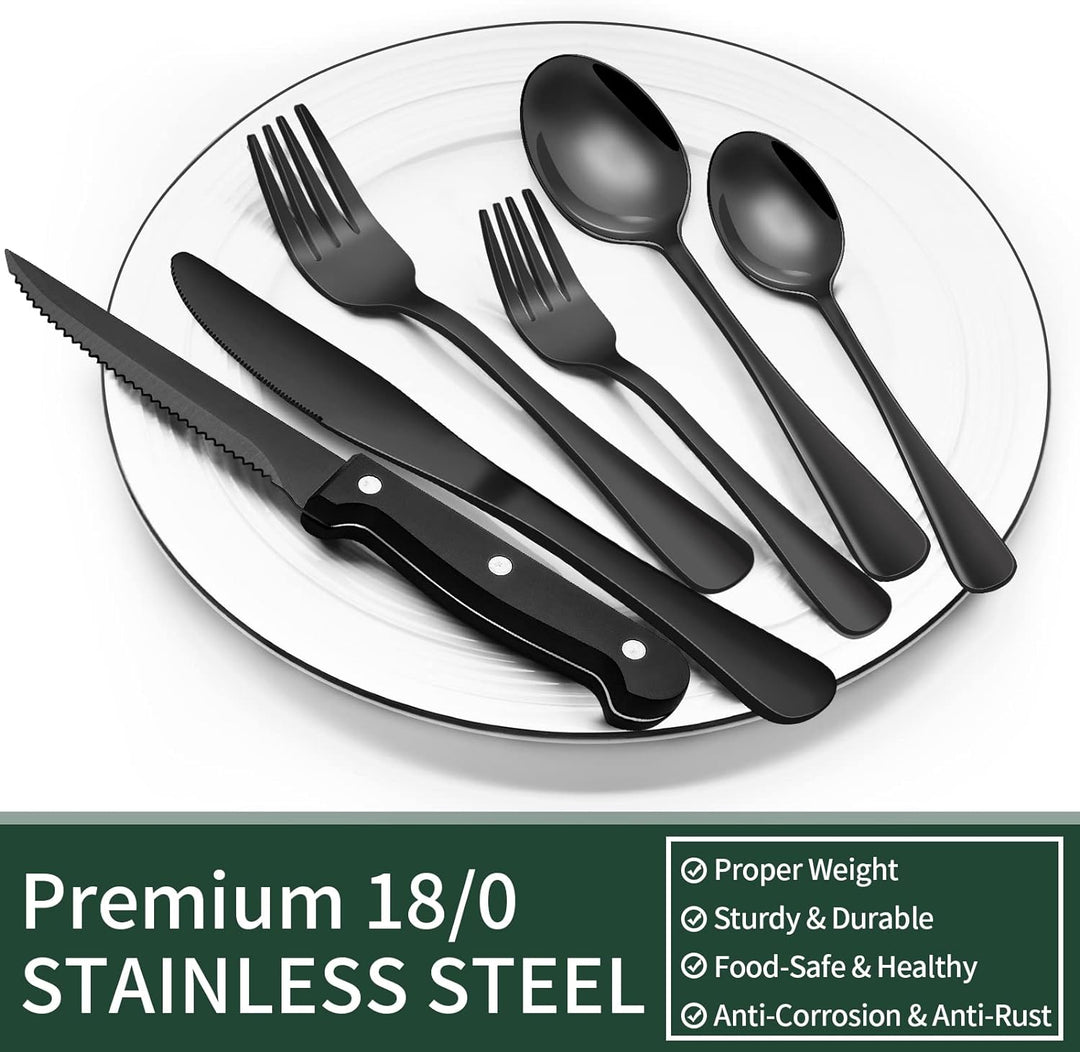 24-Piece Black Stainless Steel Cutlery Set-Round edge-Nora Luxe