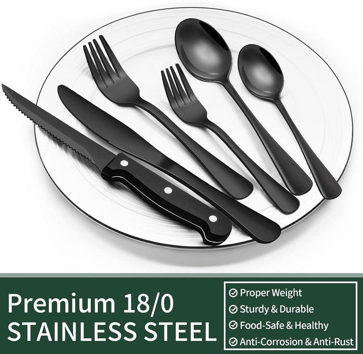 24-Piece Black Stainless Steel Cutlery Set-Round edge-Nora Luxe