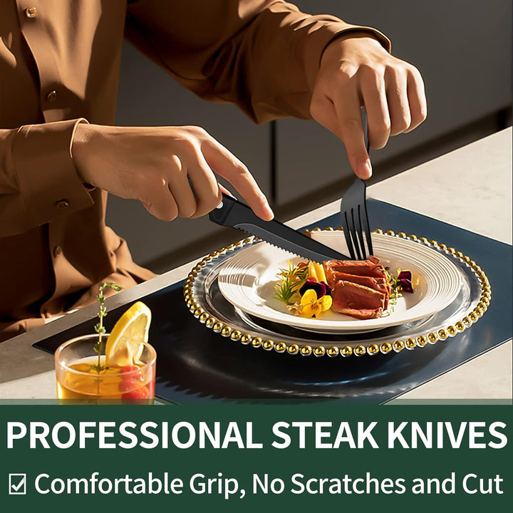 24-Piece Black Stainless Steel Cutlery Set-Round edge-Nora Luxe