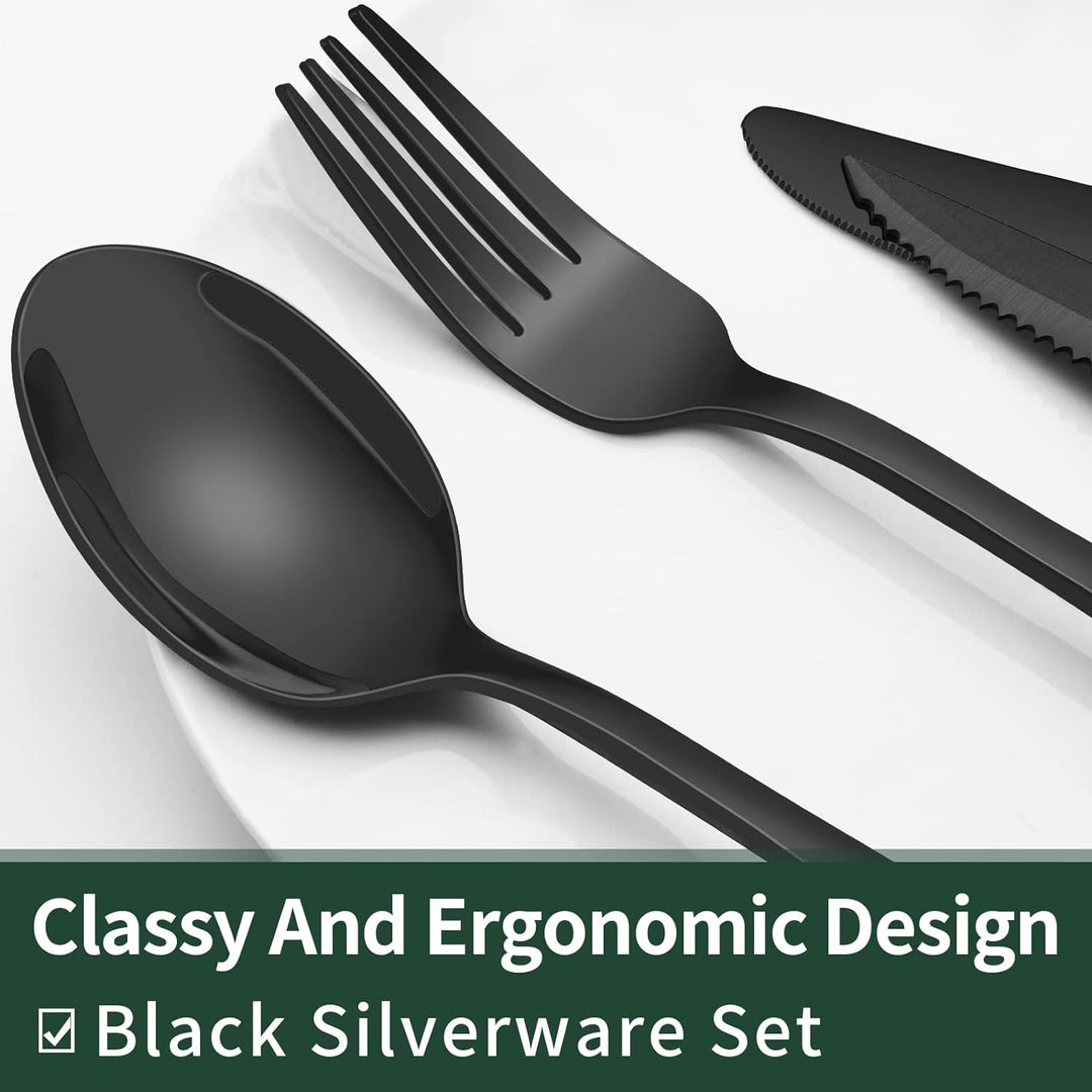 24-Piece Black Stainless Steel Cutlery Set-Round edge-Nora Luxe