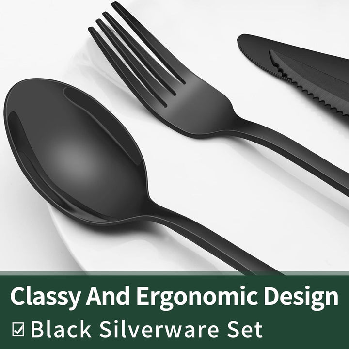 24-Piece Black Stainless Steel Cutlery Set-Round edge-Nora Luxe