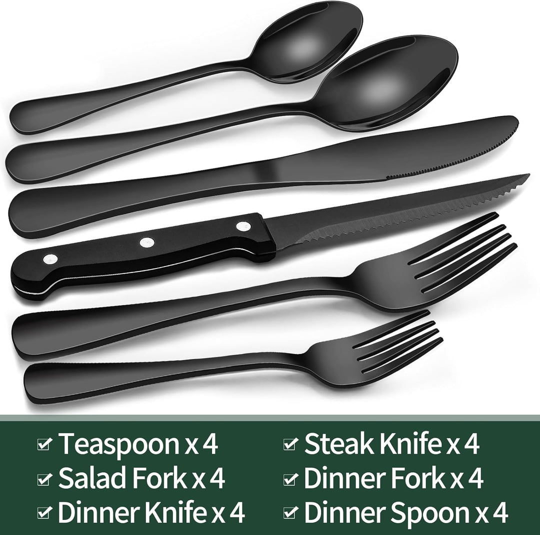 24-Piece Black Stainless Steel Cutlery Set-Round edge-Nora Luxe