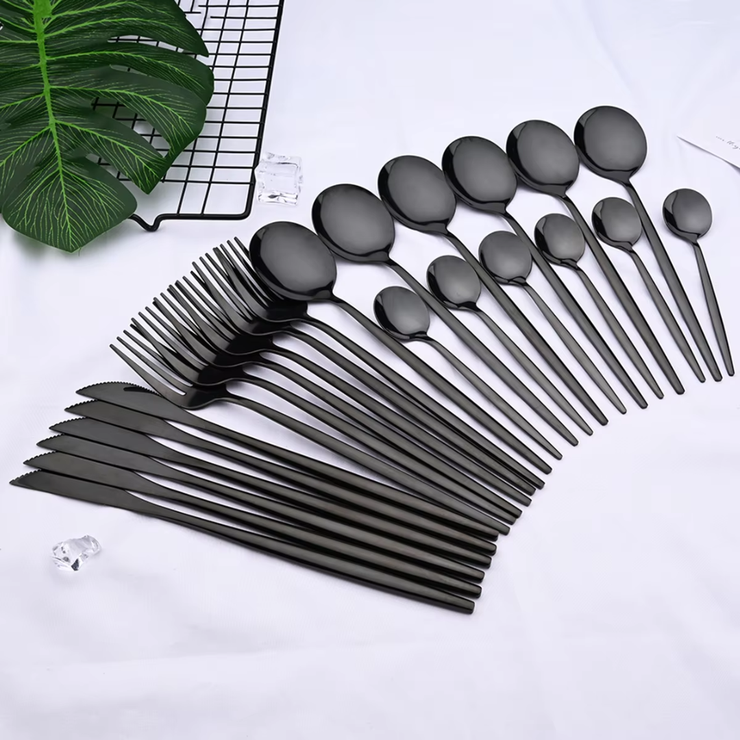 24-Piece Black Stainless Steel Cutlery Set-Round edge-Nora Luxe