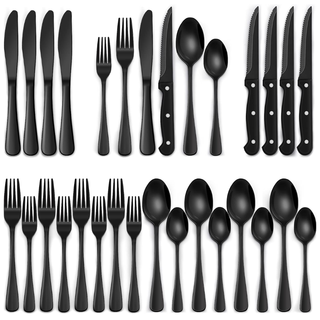 24-Piece Black Stainless Steel Cutlery Set-Round edge-Nora Luxe