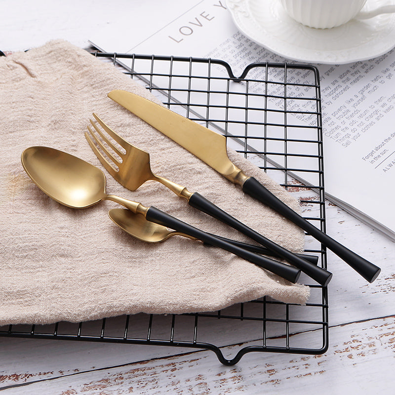 24-Piece Stainless Steel Cutlery Set - PureSet-Matte gold and black-Nora Luxe