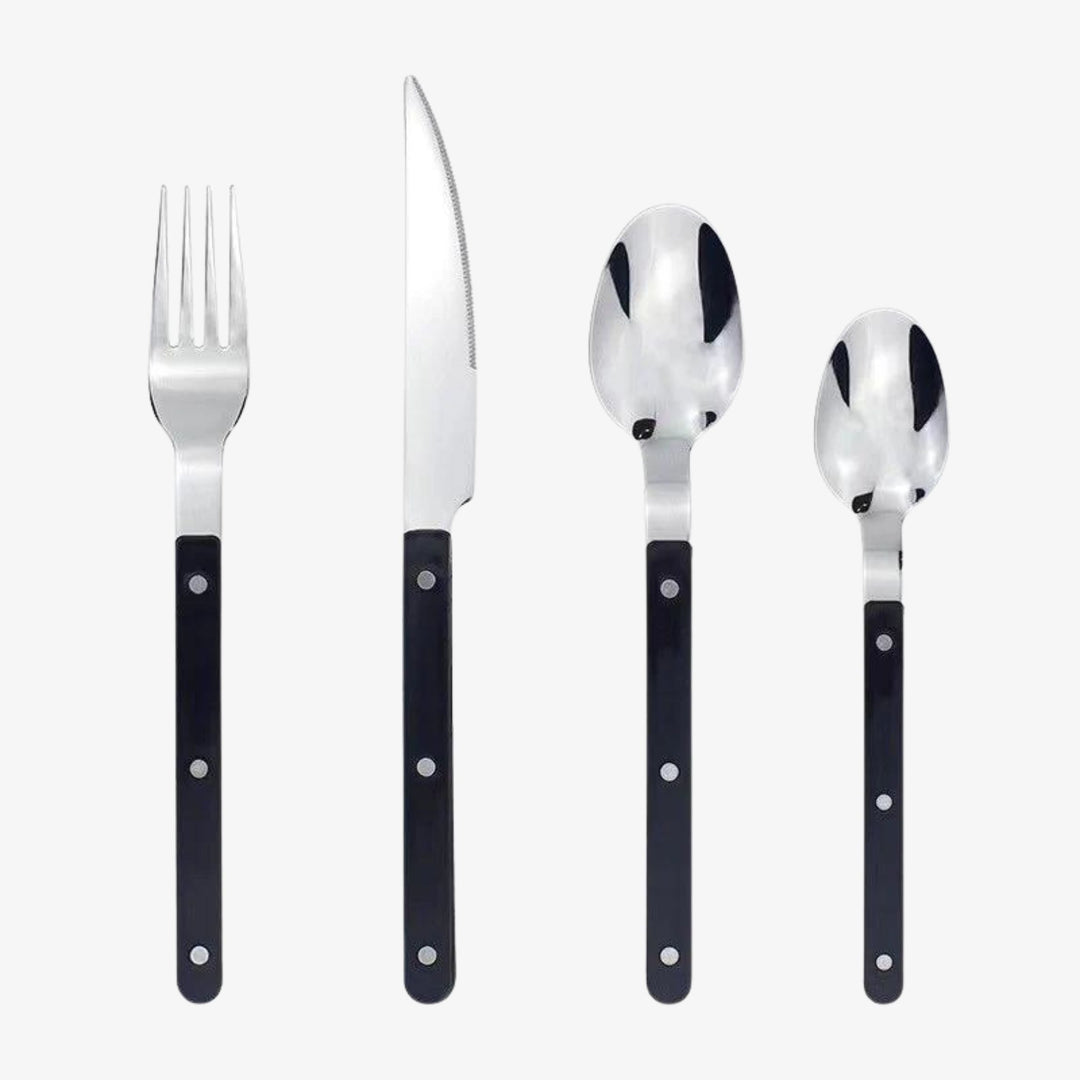 24-Piece Stainless Steel Cutlery Set with Engraved Design - BistroLine-Black-Nora Luxe