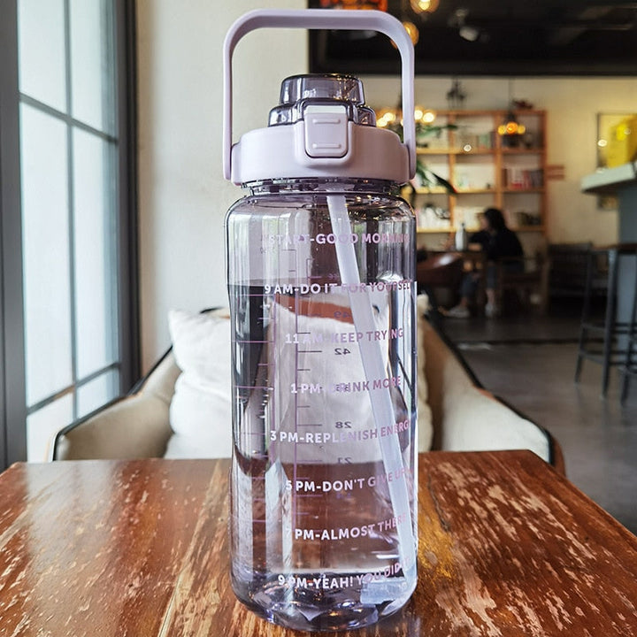2L Motivational Water Bottle with Time Markers - HydroMotivator-Matt Green Purple-Nora Luxe