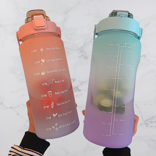 2L Motivational Water Bottle with Time Markers - HydroMotivator-Matt Green Purple-Nora Luxe