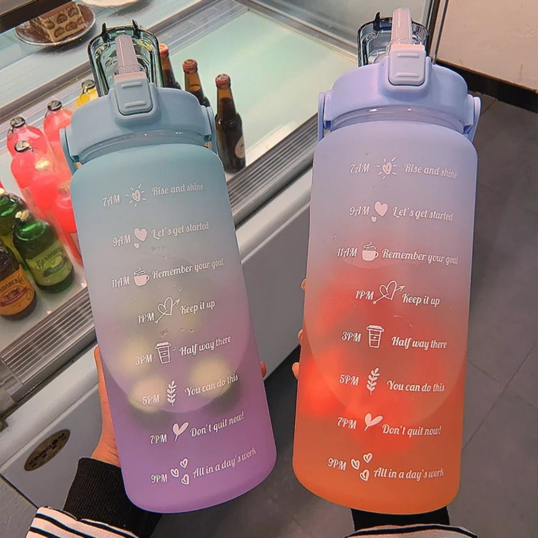 2L Motivational Water Bottle with Time Markers - HydroMotivator-Matt Green Purple-Nora Luxe