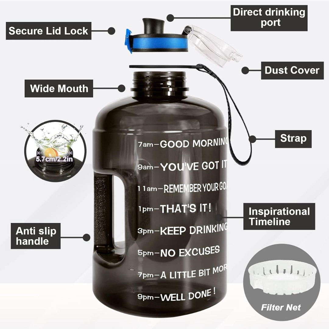 3.8L Motivational Water Bottles with Time Markings & Leak-proof Flip Top Lid-Black-Nora Luxe
