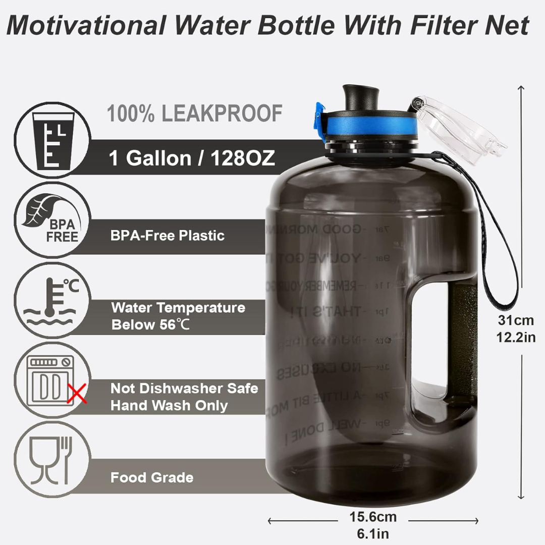 3.8L Motivational Water Bottles with Time Markings & Leak-proof Flip Top Lid-Black-Nora Luxe