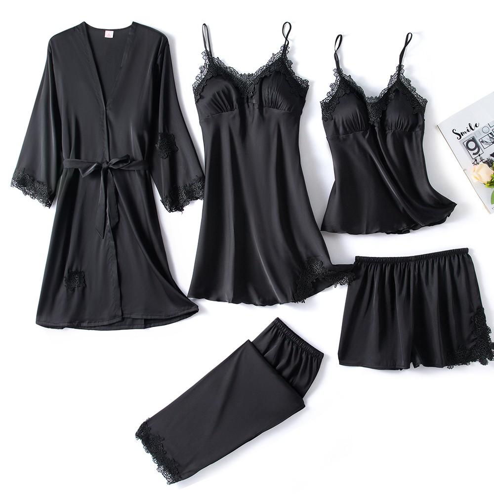 5-Piece Satin Sleep Set for Women with Lace – Amara-Black-XS-Nora Luxe