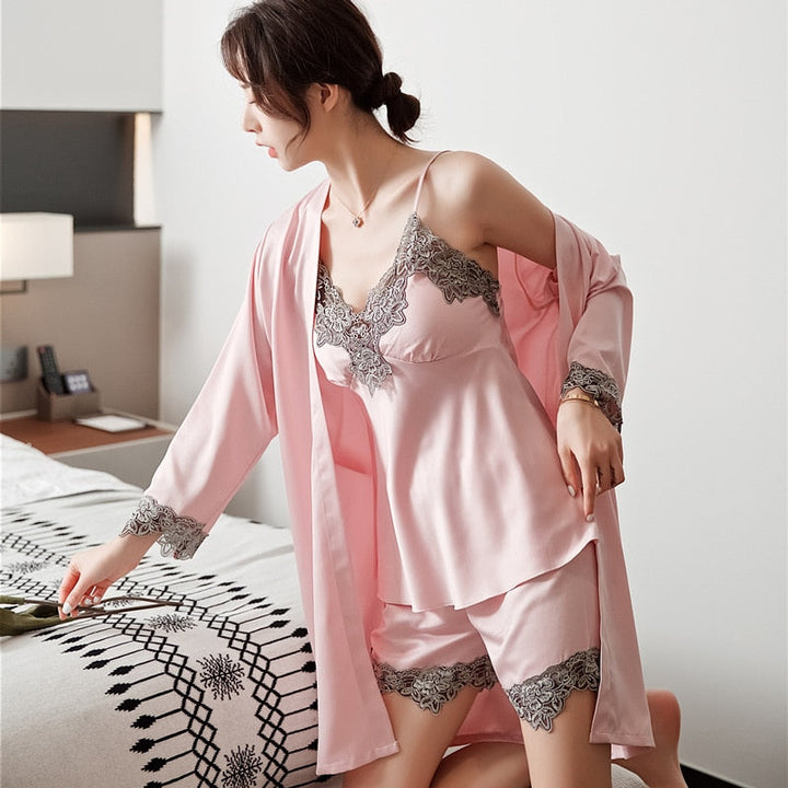 5-Piece Satin Sleep Set for Women with Lace – Amara-Black-XS-Nora Luxe