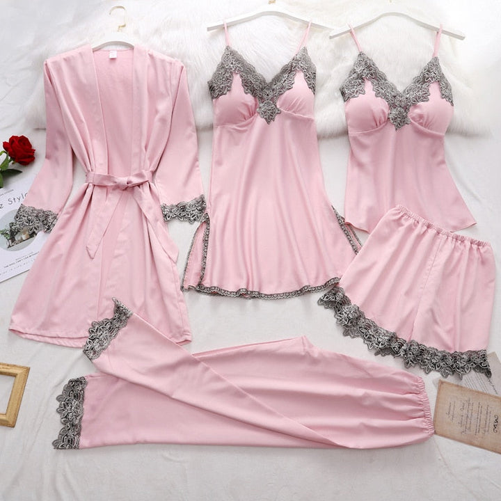 5-Piece Satin Sleep Set for Women with Lace – Amara-Dark pink-XS-Nora Luxe