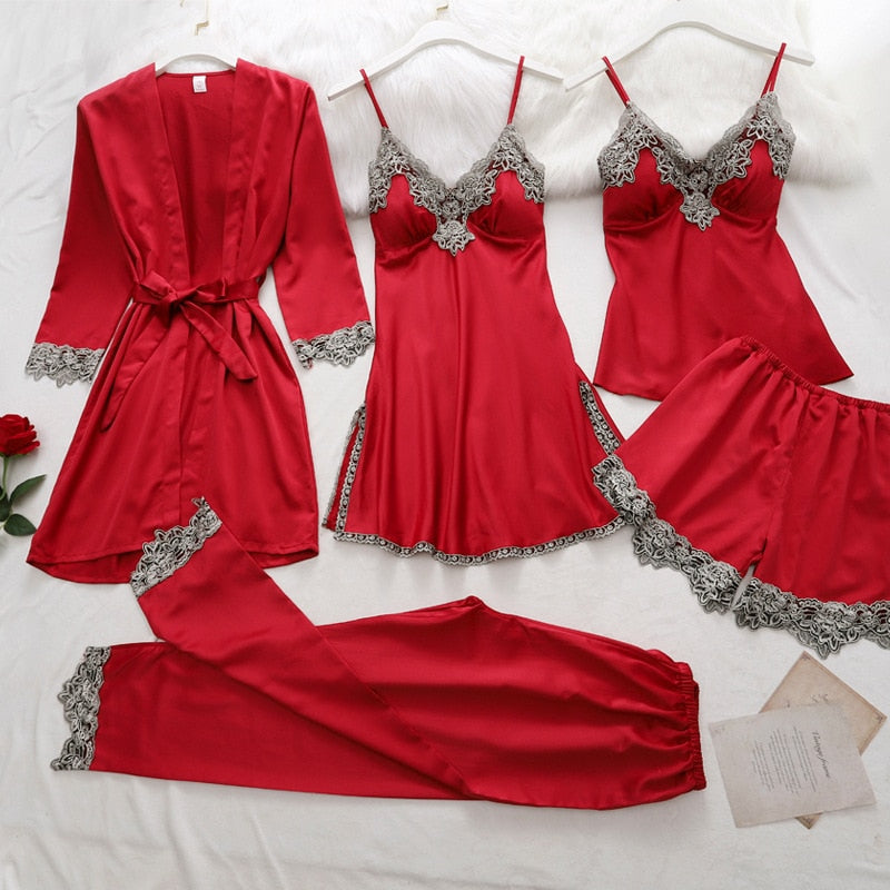 5-Piece Satin Sleep Set for Women with Lace – Amara-Dark red-XS-Nora Luxe