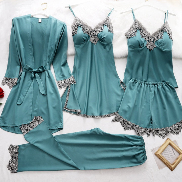 5-Piece Satin Sleep Set for Women with Lace – Amara-Green-XS-Nora Luxe