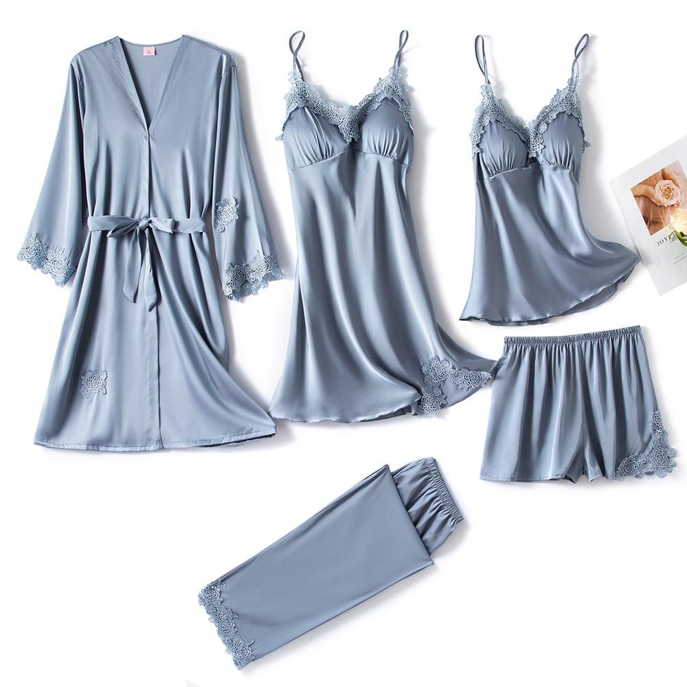 5-Piece Satin Sleep Set for Women with Lace – Amara-Light blue-XS-Nora Luxe