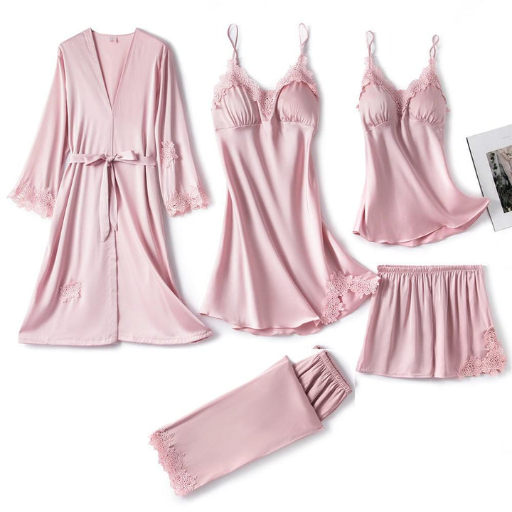 5-Piece Satin Sleep Set for Women with Lace – Amara-Light pink-XS-Nora Luxe