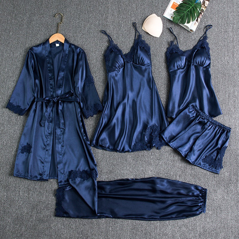5-Piece Satin Sleep Set with Lace for Women – Liora-Dark blue-M-Nora Luxe