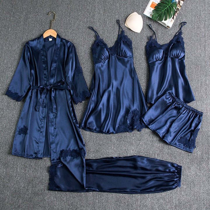 5-Piece Satin Sleep Set with Lace for Women – Liora-Dark blue-M-Nora Luxe