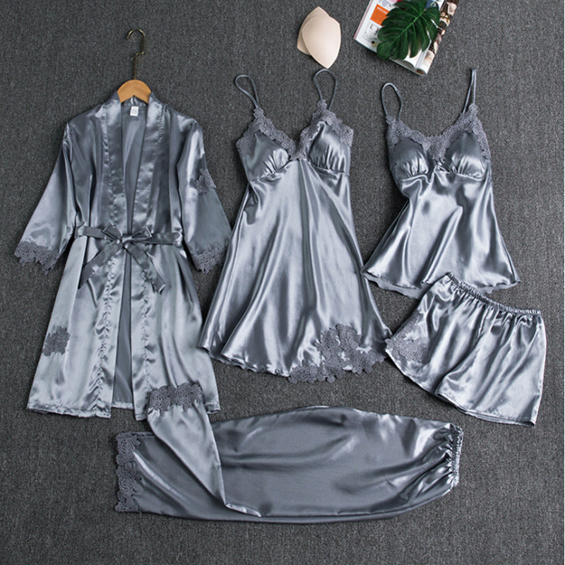 5-Piece Satin Sleep Set with Lace for Women – Liora-Light blue-M-Nora Luxe
