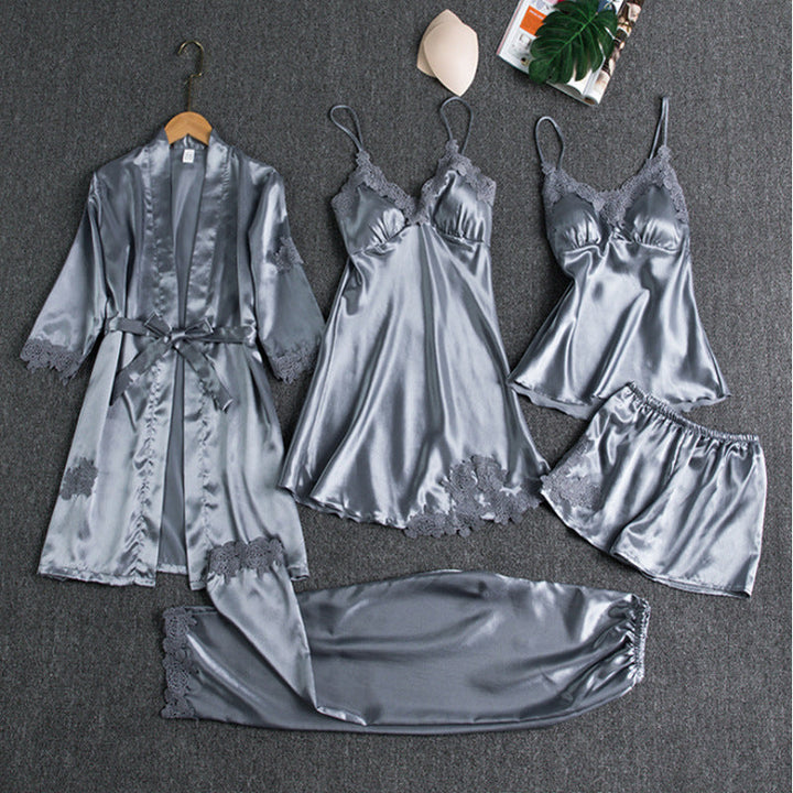 5-Piece Satin Sleep Set with Lace for Women – Liora-Light blue-M-Nora Luxe