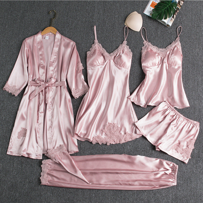 5-Piece Satin Sleep Set with Lace for Women – Liora-Pink-M-Nora Luxe