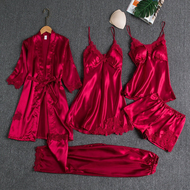 5-Piece Satin Sleep Set with Lace for Women – Liora-Red-M-Nora Luxe
