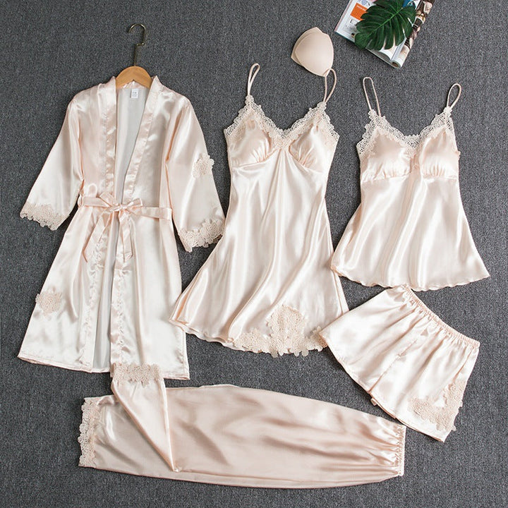 5-Piece Satin Sleep Set with Lace for Women – Liora-White-M-Nora Luxe