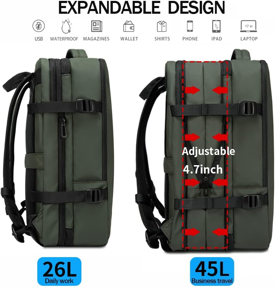 Expandable 26–45L Waterproof Travel Backpack with Laptop Sleeve & Duffle Carry