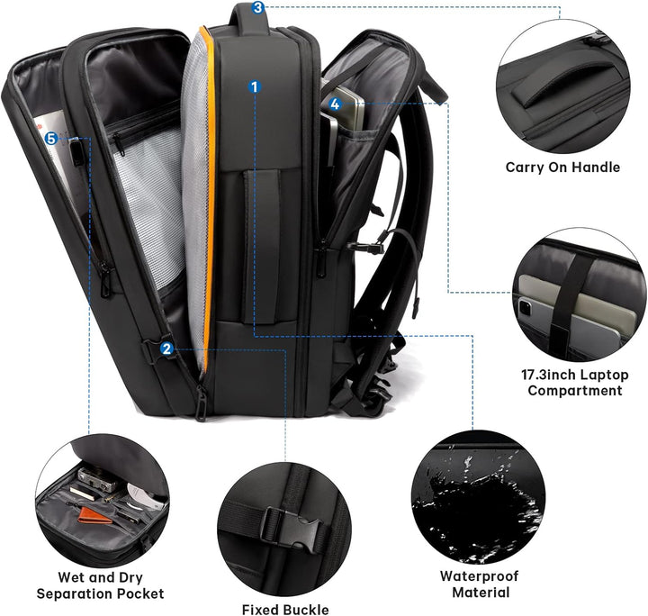 Expandable 26–45L Waterproof Travel Backpack with Laptop Sleeve & Duffle Carry