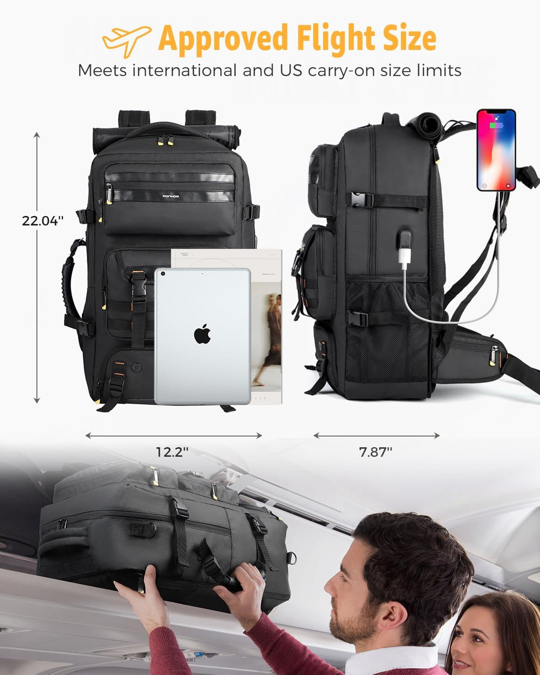 50L Flight-Approved Travel Backpack with Shoe Compartment & Convertible Carry