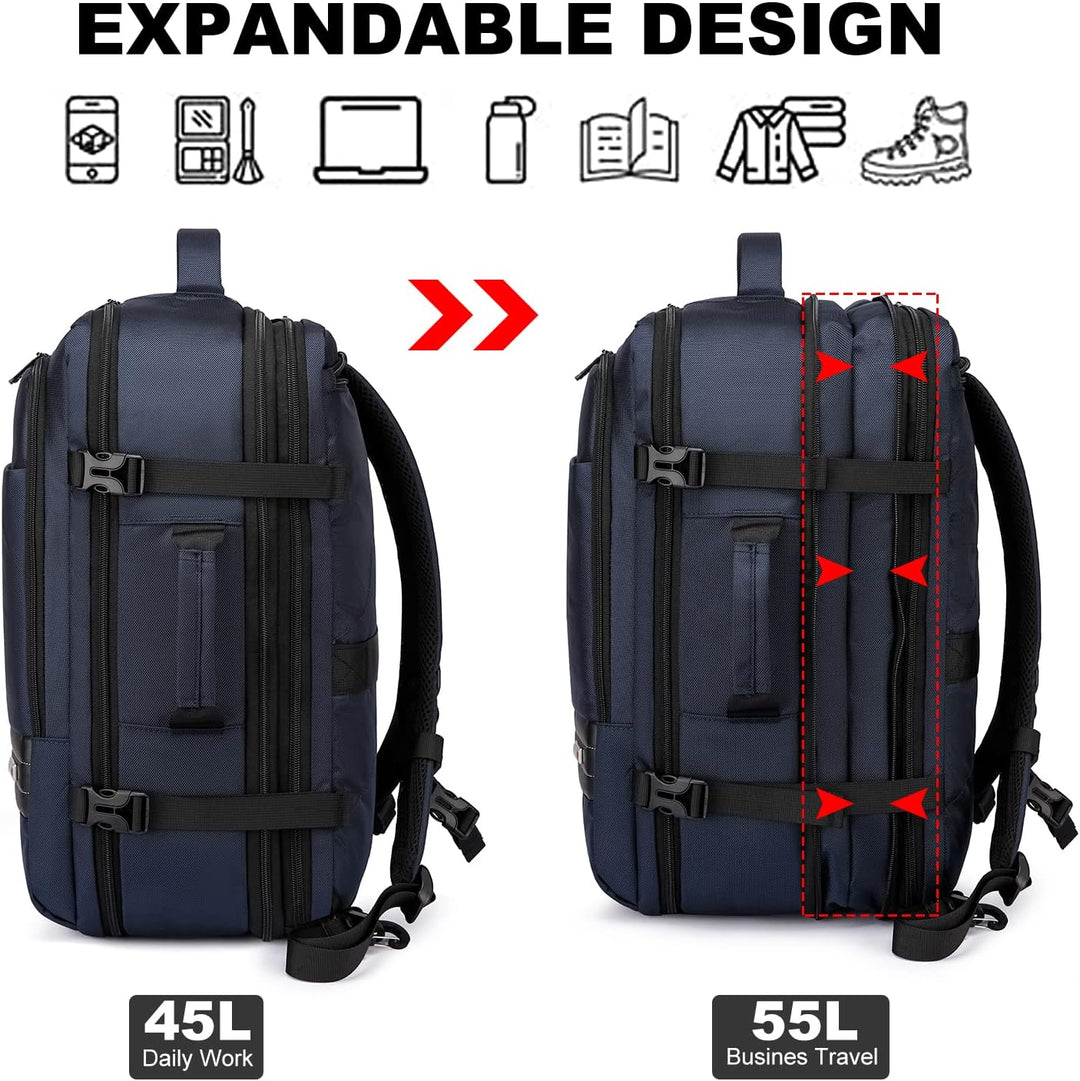 Expandable 45L–55L Water-Resistant Travel Backpack with 18" Laptop Compartment