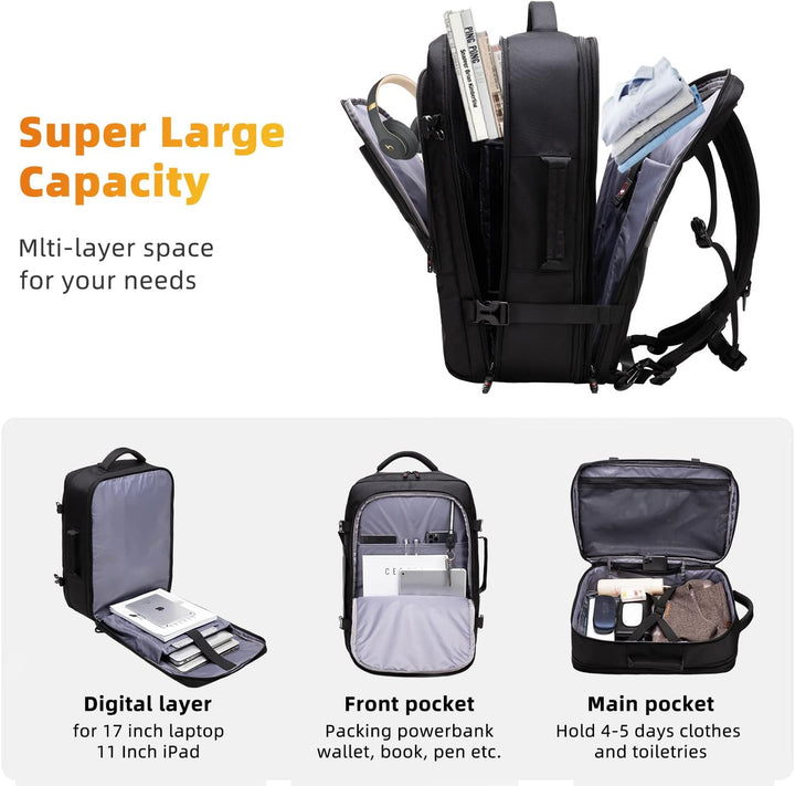 Expandable 45L–55L Water-Resistant Travel Backpack with 18" Laptop Compartment