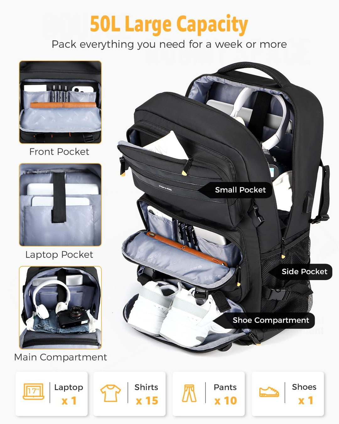 50L Flight-Ready Convertible Travel Backpack with Shoe Compartment & USB Port