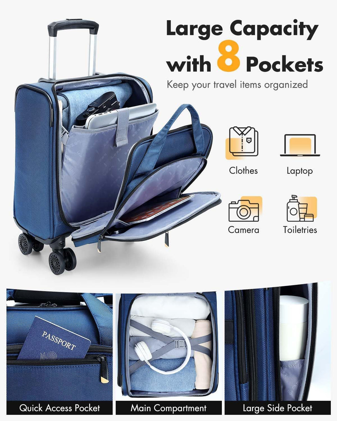 Airline-Approved Underseat Carry-On with Spinner Wheels & Laptop Pocket