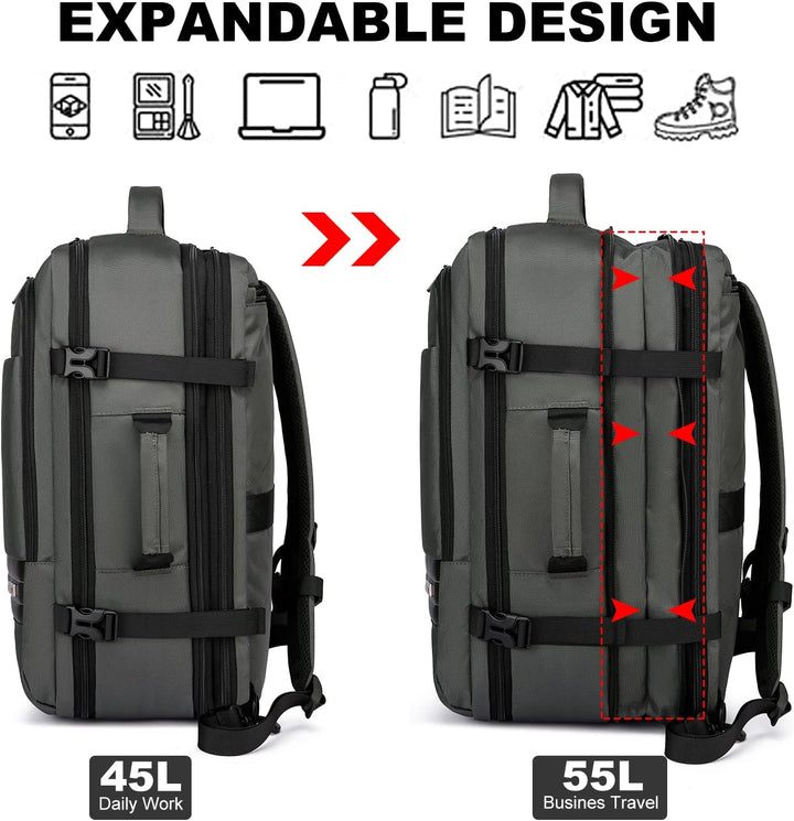 Expandable 45L–55L Water-Resistant Travel Backpack with 18" Laptop Compartment