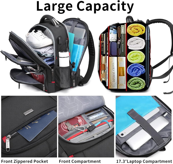 50L Water-Resistant Extra Large Travel Laptop Backpack with USB Port