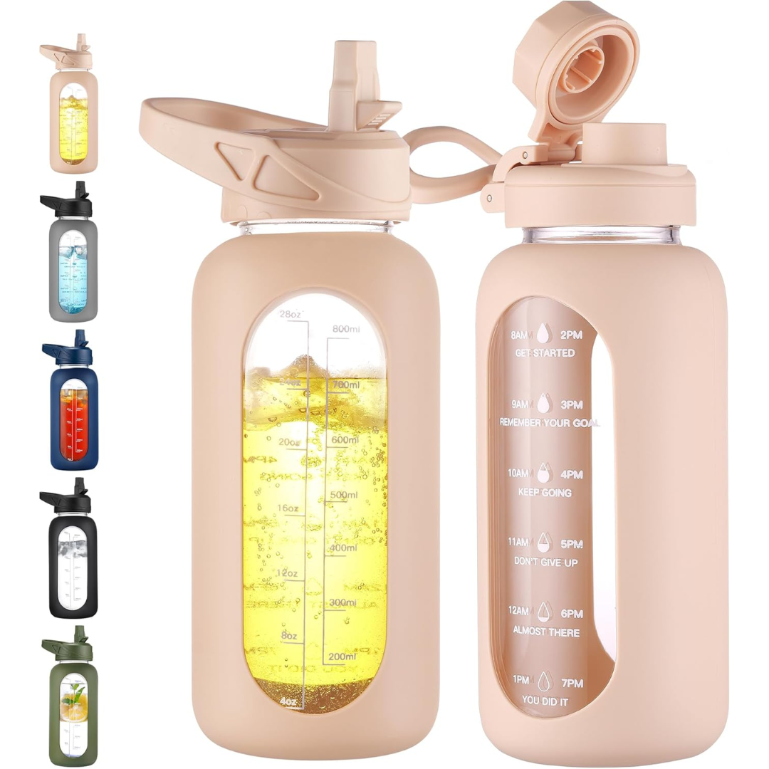 900 ml Motivational Glass Water Bottle with Straw-900 ml-Beige-Nora Luxe