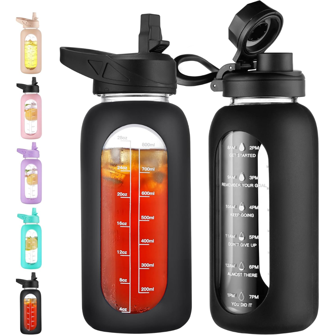 900 ml Motivational Glass Water Bottle with Straw-900 ml-Black-Nora Luxe