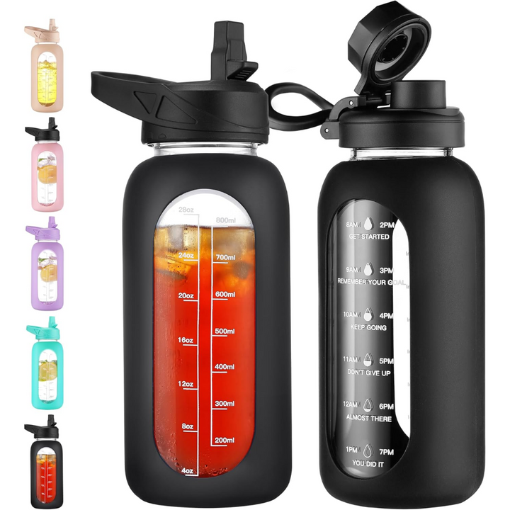 900 ml Motivational Glass Water Bottle with Straw-900 ml-Black-Nora Luxe