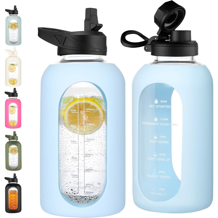 900 ml Motivational Glass Water Bottle with Straw-900 ml-Heavenly blue-Nora Luxe