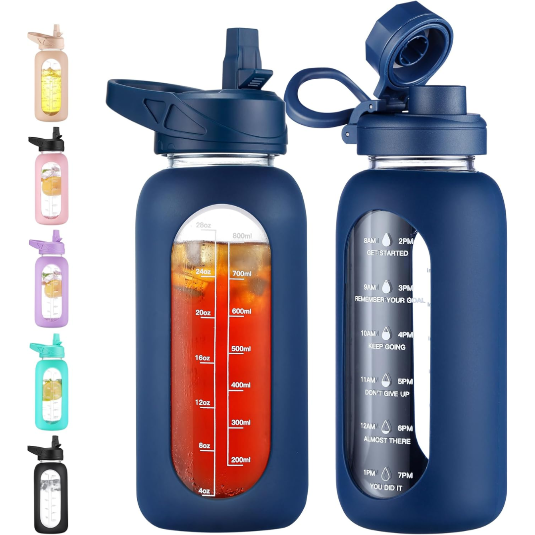 900 ml Motivational Glass Water Bottle with Straw-900 ml-Marine blue-Nora Luxe