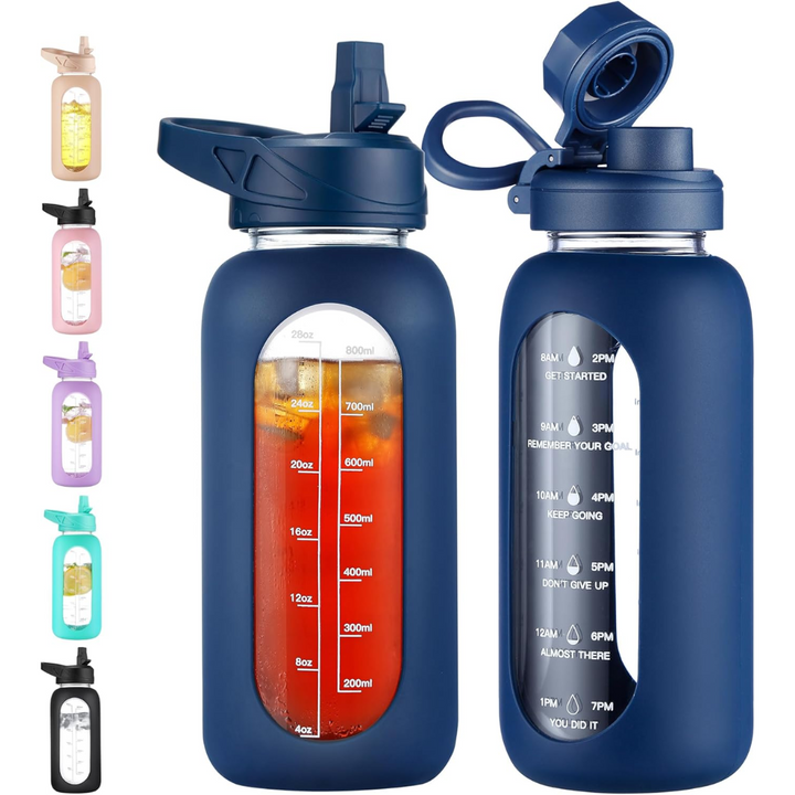 900 ml Motivational Glass Water Bottle with Straw-900 ml-Marine blue-Nora Luxe