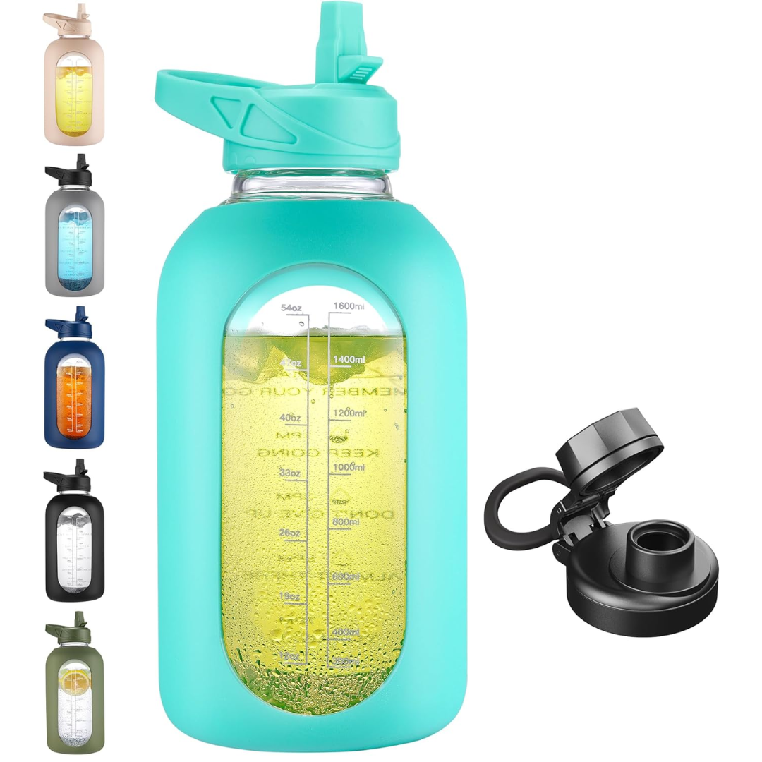 900 ml Motivational Glass Water Bottle with Straw-900 ml-Mint green-Nora Luxe