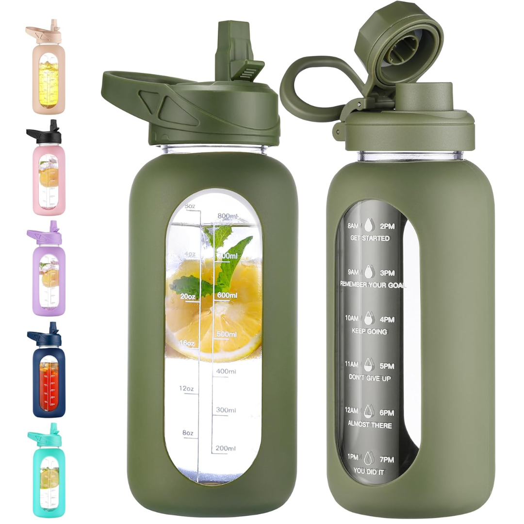 900 ml Motivational Glass Water Bottle with Straw-900 ml-Olive green-Nora Luxe