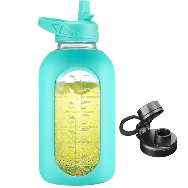 900 ml Motivational Glass Water Bottle with Straw-900 ml-Olive green-Nora Luxe