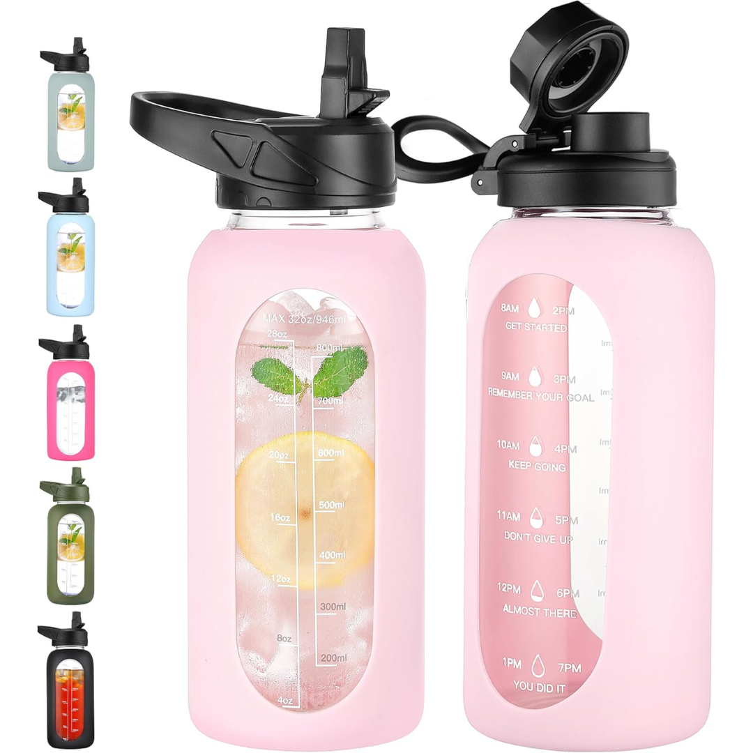 900 ml Motivational Glass Water Bottle with Straw-900 ml-Pink-Nora Luxe