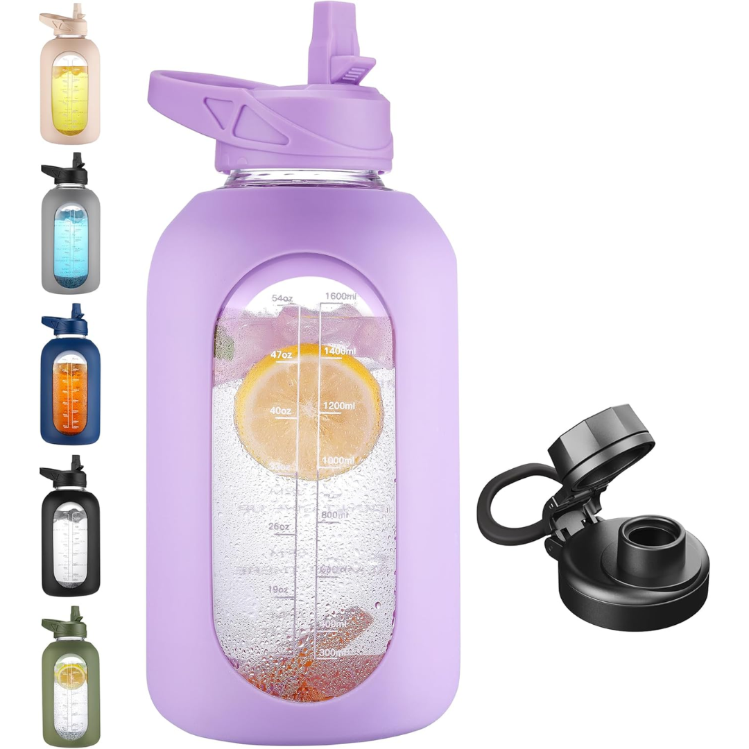 900 ml Motivational Glass Water Bottle with Straw-900 ml-Purple-Nora Luxe